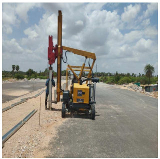 Metal Beam Crash Barrier Erection Work in Progress at Ch. 203+100 